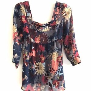 New York & Company | Floral Square Neck Top Womens SM Red Tie Back 3/4 Sleeves